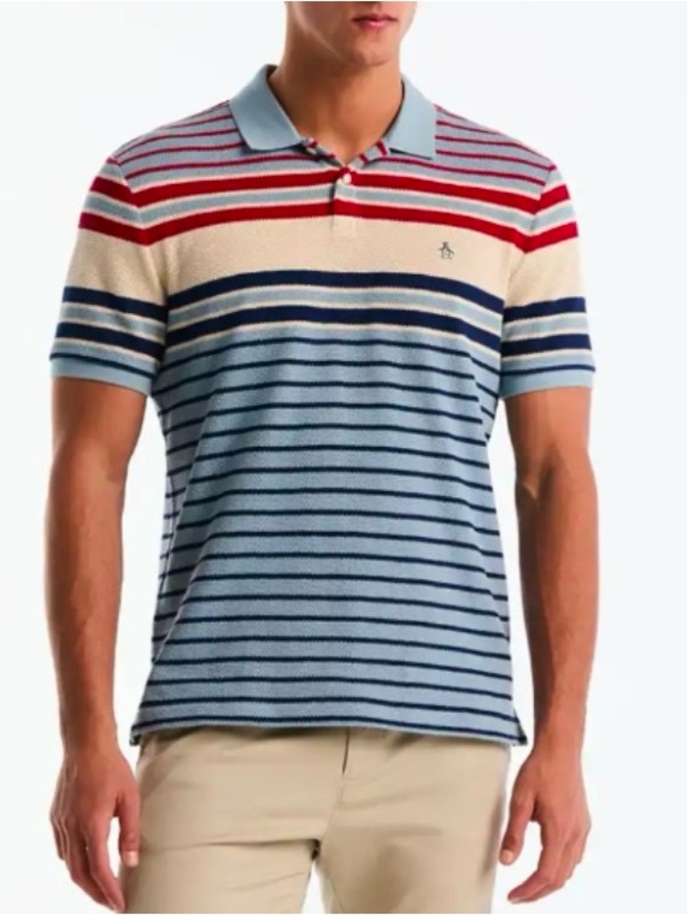 NWOT Penguin Striped Short-Sleeve Polo Shirt in Light Blue and Cream Men’s Sz L